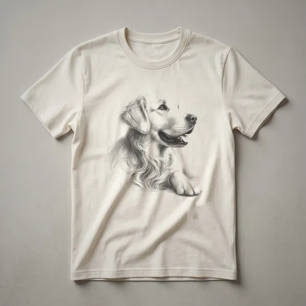 A black t-shirt featuring a vintage-style drawing of a Golden Retriever's head in profile, rendered in black and white.