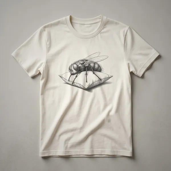 White graphic t-shirt with a minimalist black line drawing of a fruit fly sleeping on a pillow.