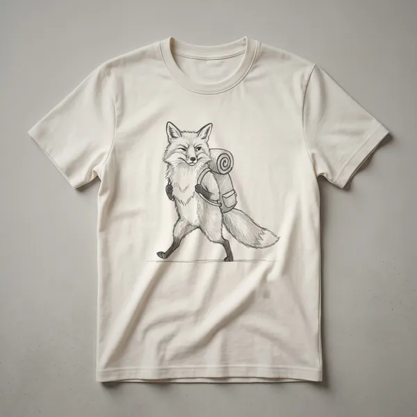 A vintage-style graphic t-shirt in heather grey featuring a drawing of a red fox sitting in a forest with a tent and mountains in the background.