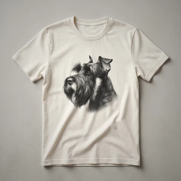 A vintage line drawing of a Giant Schnauzer dog's head, featuring its distinctive beard and eyebrows, printed on a t-shirt.