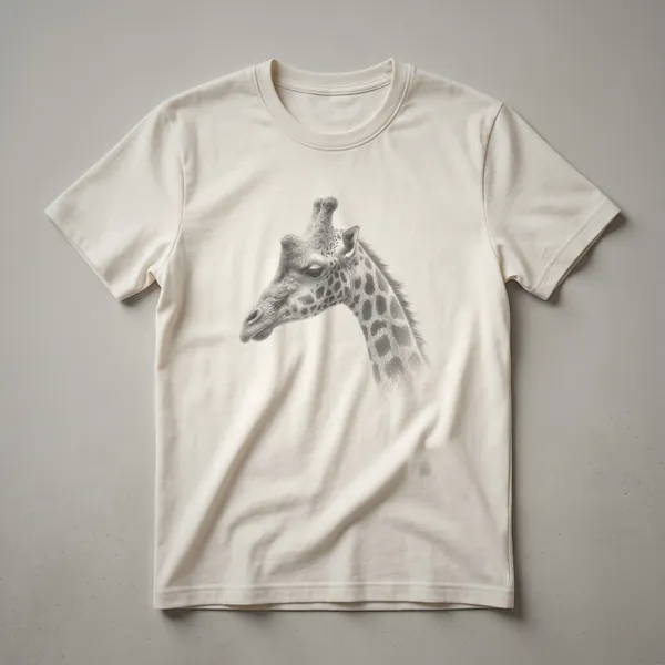 Black line drawing of a giraffe's head and neck on a white t-shirt, presented in a vintage art style.