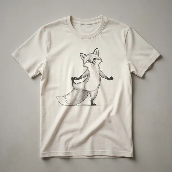 A white graphic t-shirt with a drawing of a fox in a yoga pose, rendered in a stylized art design.