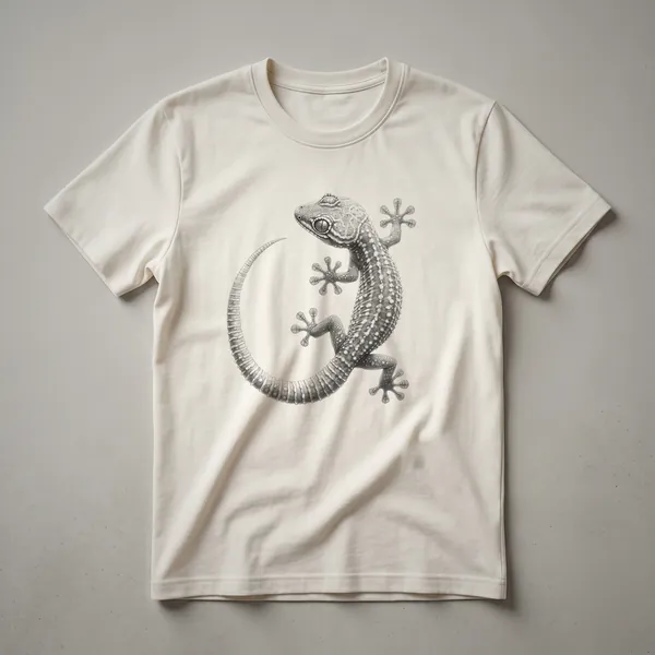 A vintage-style line drawing of a gecko on a white t-shirt, showcasing intricate details of its body and texture.