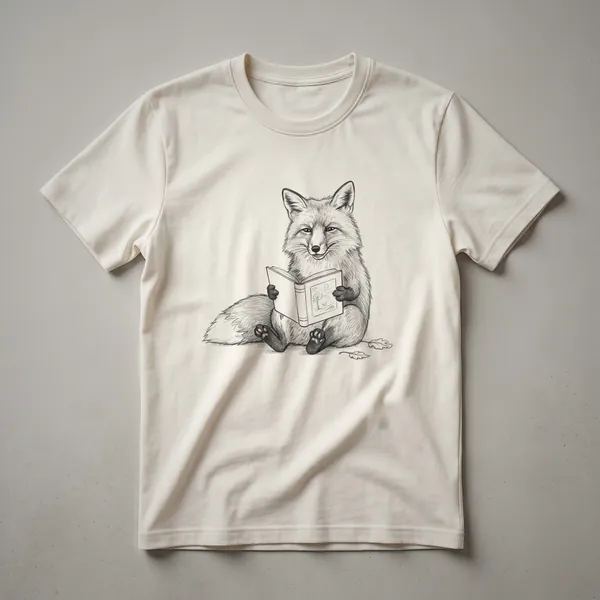 A vintage drawing of a red fox sitting and reading a book, printed on a white t-shirt.