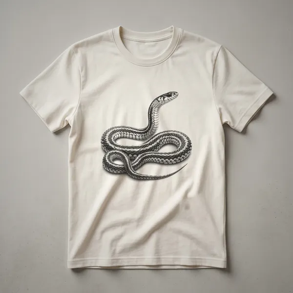 A vintage line drawing of a garter snake on a white t-shirt, showcasing its coiled body and detailed scales.