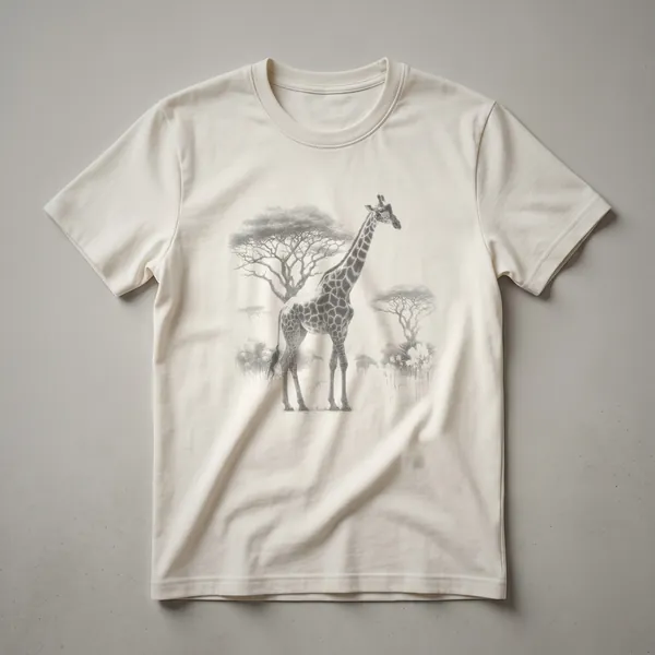 A vintage-style line drawing of a giraffe in a savanna landscape with acacia trees and a sun, printed on a white t-shirt.