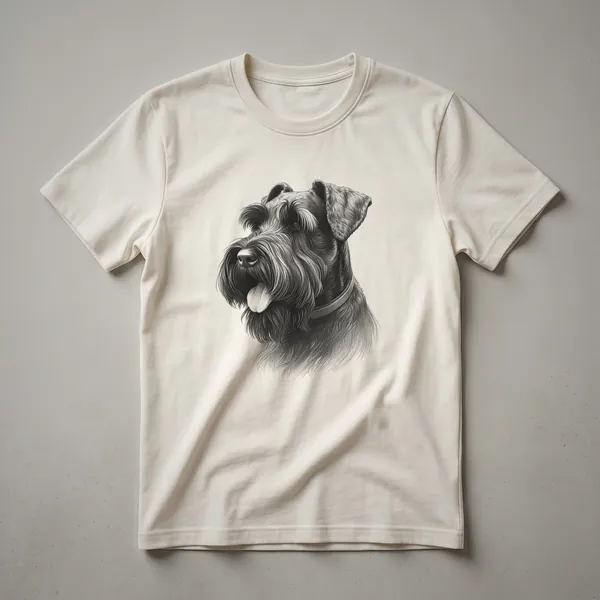 A black and white vintage line drawing of a Giant Schnauzer's head in profile is printed on a heather grey t-shirt.