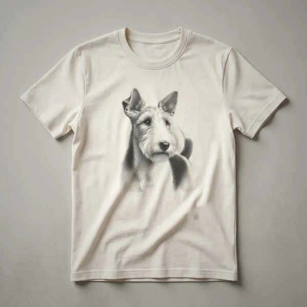 Black graphic t-shirt featuring a vintage black and white line drawing of a Fox Terrier dog.