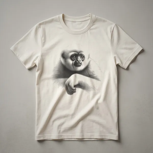 A black and white vintage line drawing of a gibbon hanging from a branch, printed on a t-shirt.