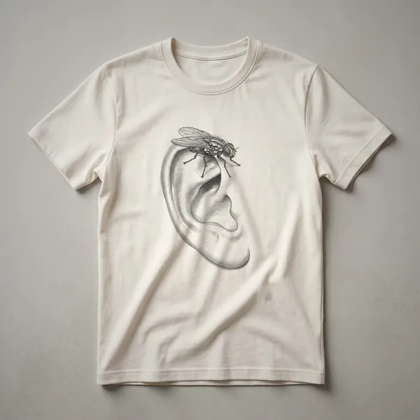 A vintage black and white line drawing of a fruit fly's ear is printed on a white t-shirt.