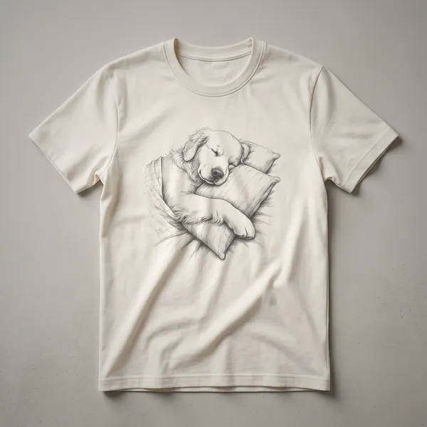 White t-shirt featuring a vintage-style drawing of a Golden Retriever dog wearing blue pajamas and sleeping, with a soft, faded aesthetic.