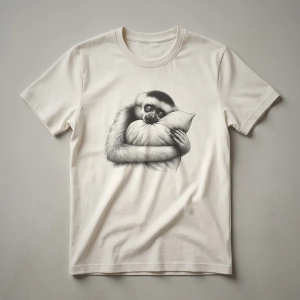 White t-shirt with a vintage-style black line drawing of a gibbon sleeping, featuring a subtle pajama pattern within the illustration.