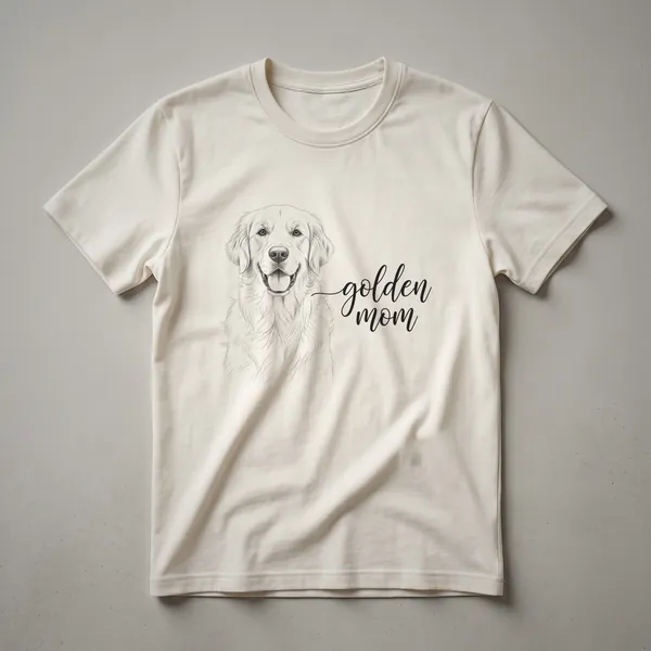 A vintage drawing of a Golden Retriever's head in profile, rendered in brown and black, featured on a t-shirt.