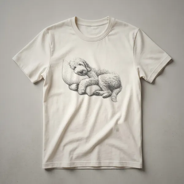 White t-shirt featuring a black line drawing of a Goldendoodle dog wearing striped pajamas, lying down with its eyes closed.