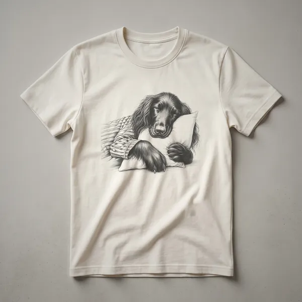 White t-shirt featuring a vintage sketch drawing of a sleeping Gordon Setter dog in black and white.
