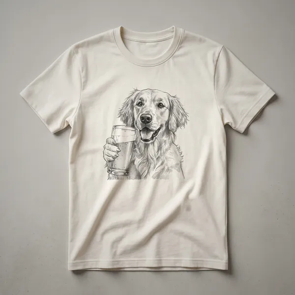 White graphic t-shirt featuring a vintage-style drawing of a Golden Retriever holding a beer mug with a frothy head.