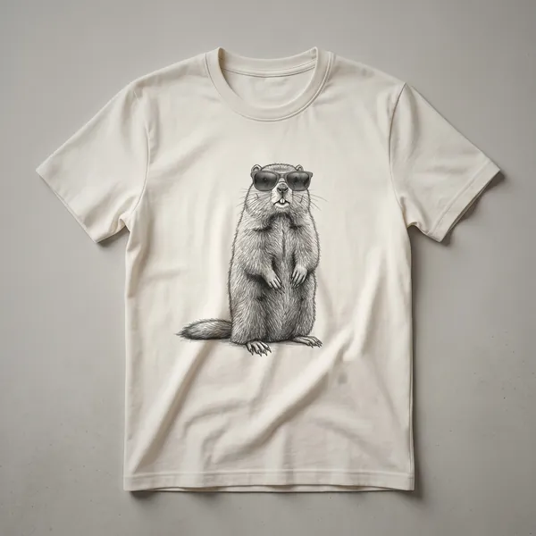 A vintage-style graphic t-shirt featuring a drawing of a groundhog wearing sunglasses.