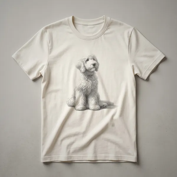 A black graphic t-shirt featuring a vintage sketch drawing of a Goldendoodle dog in profile.