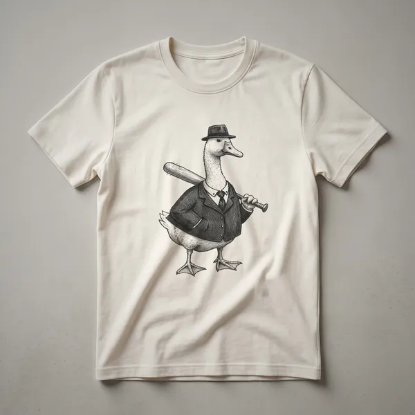 White graphic t-shirt featuring a black and white drawing of an angry goose wearing a baseball cap and holding a baseball bat, ready to swing.