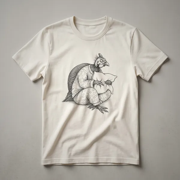 White graphic t-shirt featuring a black line drawing of a guinea fowl wearing pajamas and sleeping, with the text 'Sleeping Guinea Fowl Drawing Art Design' below it.