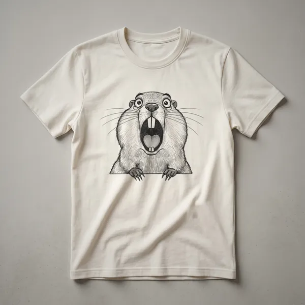 A black and white line drawing of a groundhog in a cartoon style, displayed on a white t-shirt.