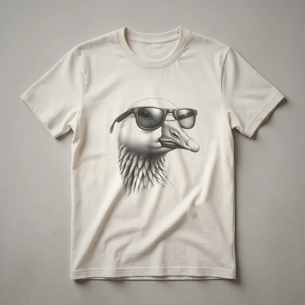A white t-shirt featuring a vintage-style drawing of a goose wearing dark sunglasses.