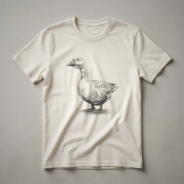 A black and white vintage line drawing of a goose in profile, with its head slightly lowered, printed on a t-shirt.