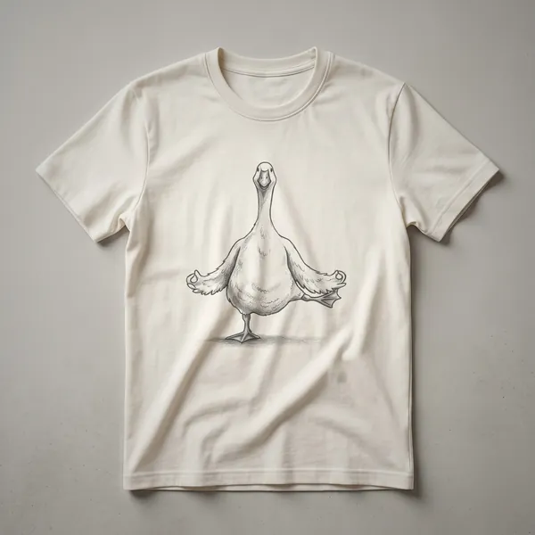 White graphic t-shirt with a distressed drawing of a goose in a yoga pose, with the text 'Yoga Pose Goose' visible.