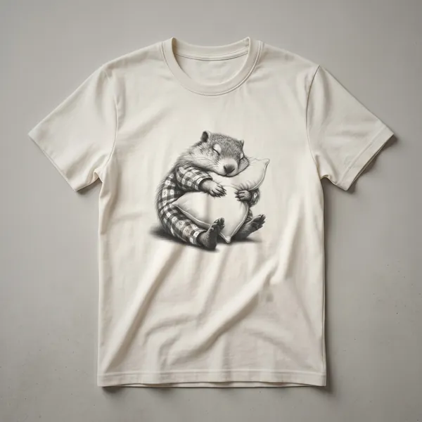 White graphic t-shirt featuring a vintage-style drawing of a groundhog wearing pajamas and sleeping peacefully in its burrow.