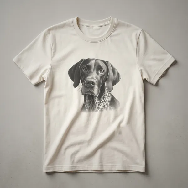 A vintage-style line drawing of a German Shorthaired Pointer dog, depicted in profile on a white t-shirt.
