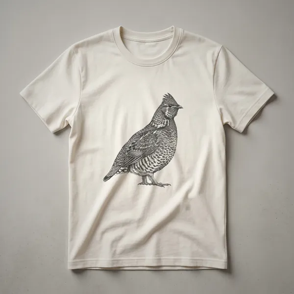 A vintage-style black and white line drawing of a ruffed grouse is printed on the front of a white t-shirt.
