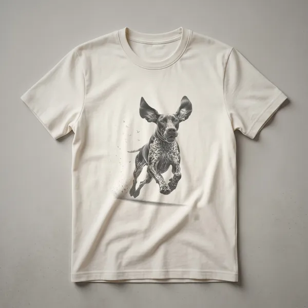 White graphic t-shirt featuring a vintage sketch of a German Shorthaired Pointer running, with the dog depicted in motion.