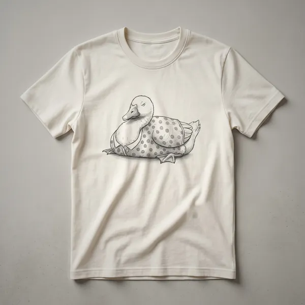White graphic t-shirt featuring a black and white line drawing of a goose wearing pajamas and sleeping peacefully.
