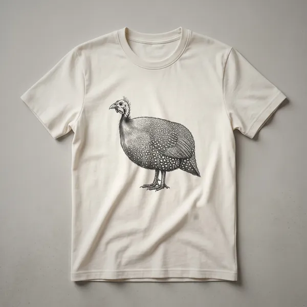 A white t-shirt with a black vintage line drawing of a guinea fowl bird in the center.