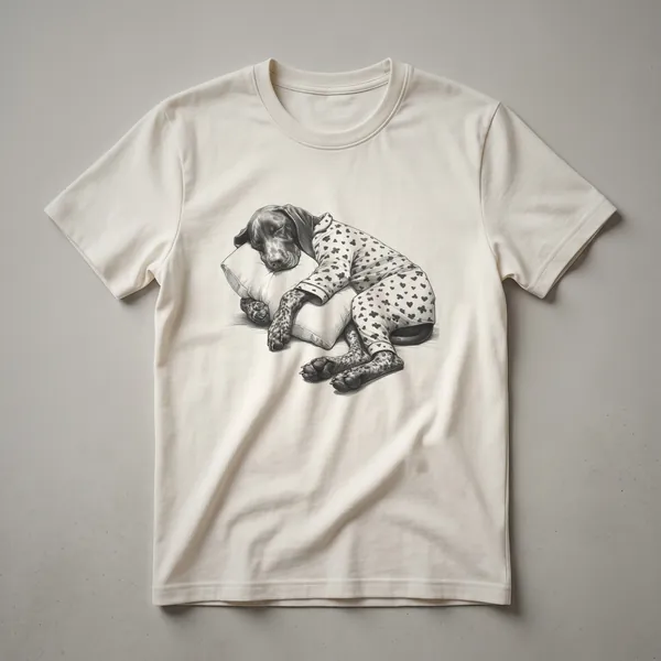 A vintage drawing of a sleeping German Shorthaired Pointer dog on a white t-shirt.
