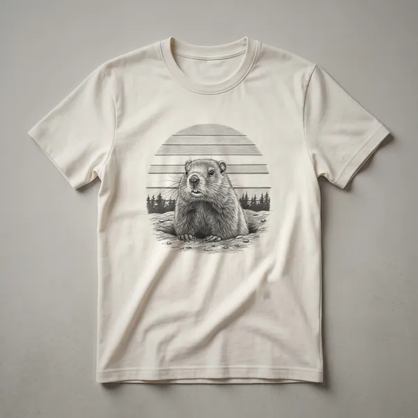 White graphic t-shirt featuring a vintage-style drawing of a groundhog emerging from its burrow with a snowy background.