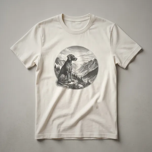 Black and white line drawing of a German Shorthaired Pointer in a natural scene on a white t-shirt.