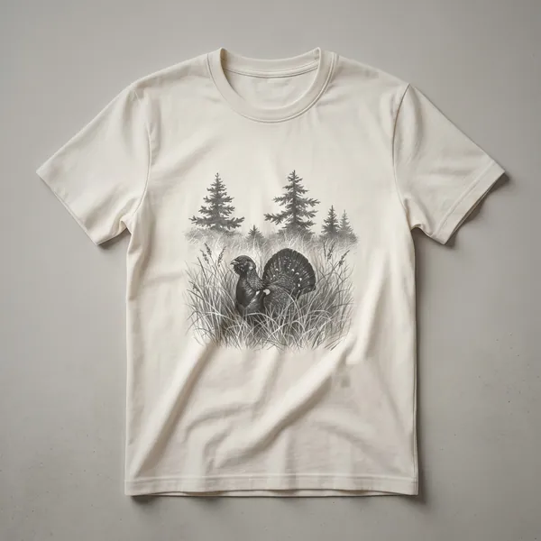 A vintage-style line drawing of a grouse bird in profile, printed on a dark heather grey t-shirt.