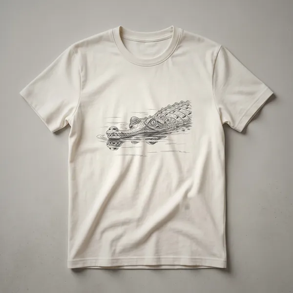 A vintage line drawing of a gharial, a long-snouted crocodilian, printed on a white t-shirt.