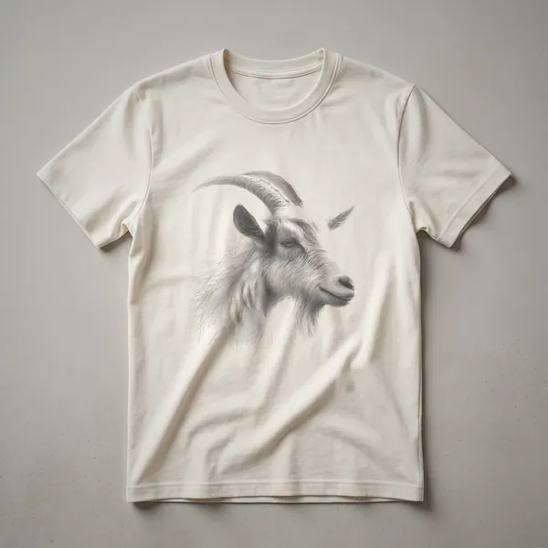 A vintage-style black and white line drawing of a goat's face is printed on the front of a t-shirt.