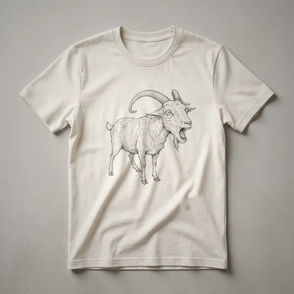 Black and white vintage drawing of a screaming goat, featured on a t-shirt, with visible linework detail.