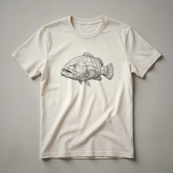 A vintage drawing of a Goliath Grouper fish on a black t-shirt, showcasing its large mouth and distinctive body shape.