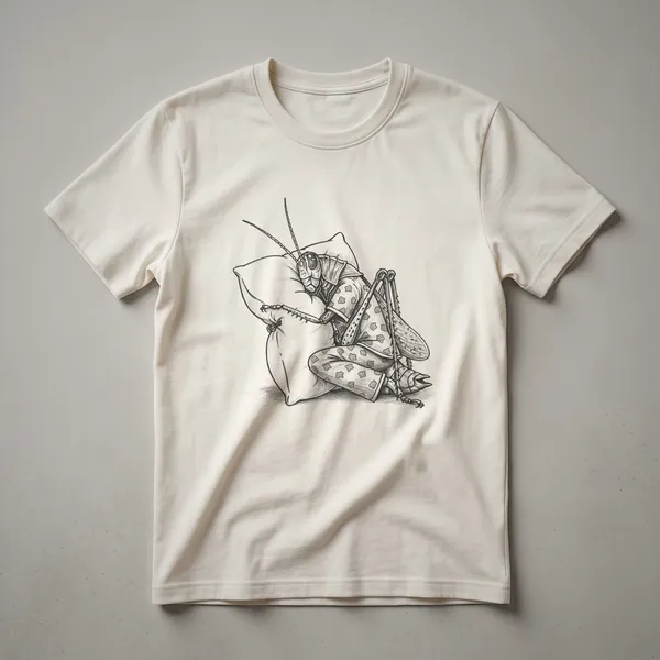 White graphic t-shirt featuring a hand-drawn illustration of a green grasshopper wearing a blue sleeping cap, with its eyes closed in a sleepy pose.