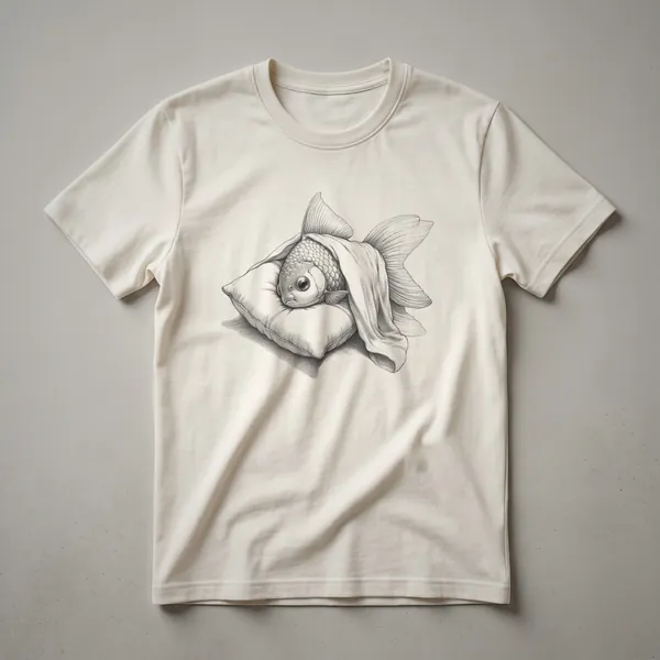 White t-shirt with a vintage-style drawing of a sleepy goldfish wearing blue pajamas and a nightcap.