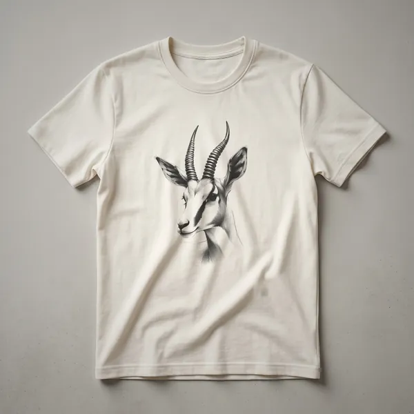 A black and white vintage line drawing of a gazelle on a white t-shirt, depicted in profile with delicate linework.