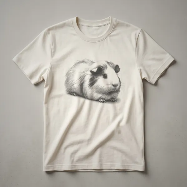 A white t-shirt featuring a black vintage line drawing of a guinea pig in the center.
