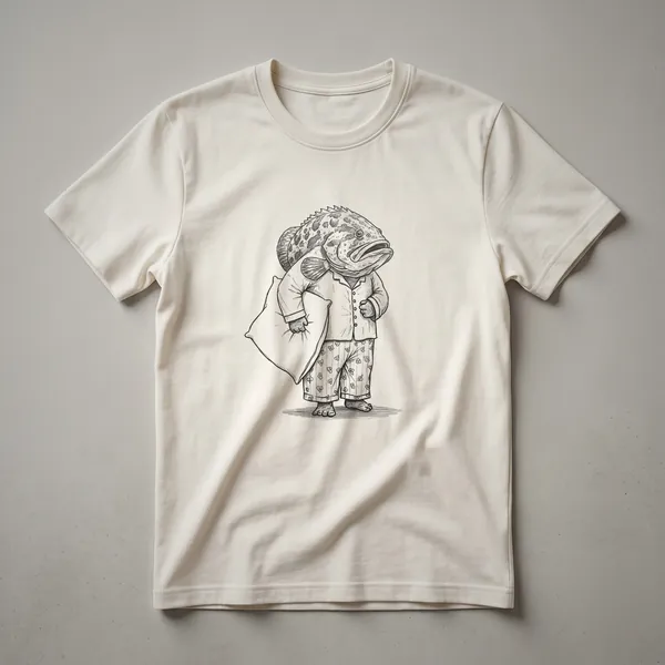 White graphic t-shirt featuring a hand-drawn illustration of a sleepy Goliath Grouper fish with closed eyes and a relaxed expression.