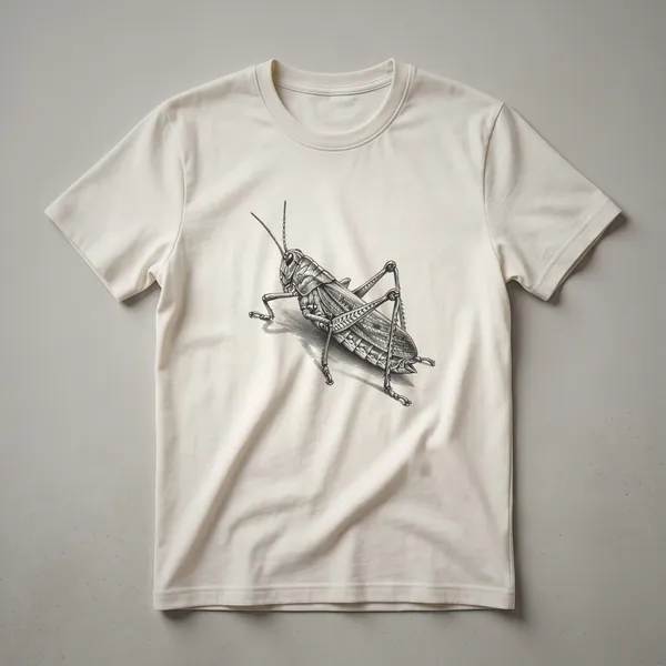 A black and white vintage drawing of a grasshopper is printed on a white t-shirt, showcasing intricate line details of the insect's body and legs.