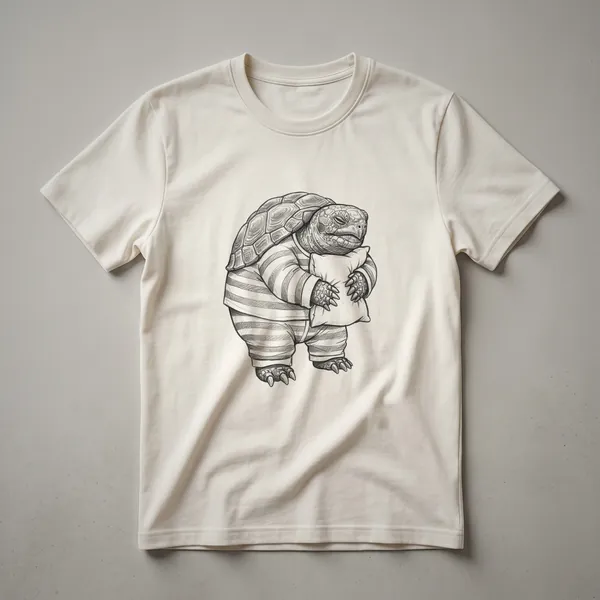 White graphic t-shirt featuring a hand-drawn illustration of a sleepy gopher tortoise with a relaxed expression.