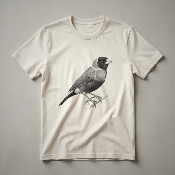 A vintage Gouldian Finch bird drawing on a black t-shirt, showcasing detailed linework.